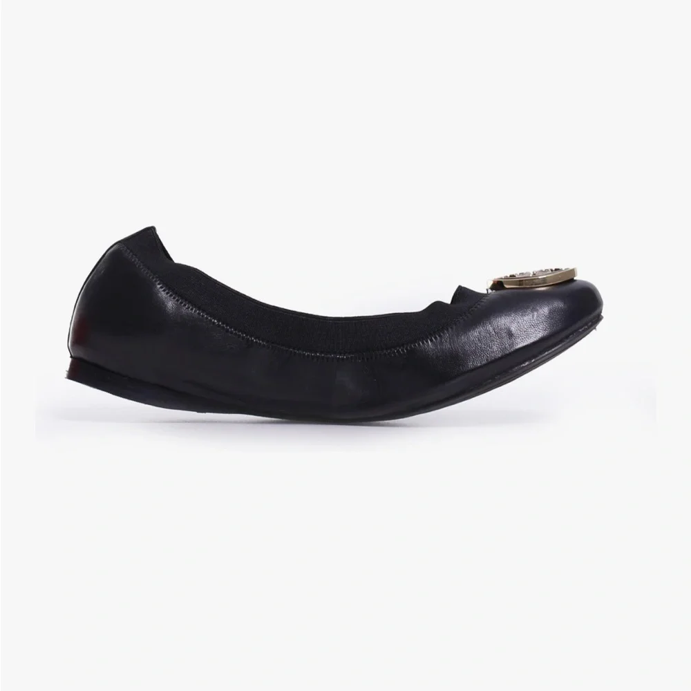 Tory Burch Caroline 2 Ballet Flats Patent Leather Logo Black Gold 6.5 Balletcore